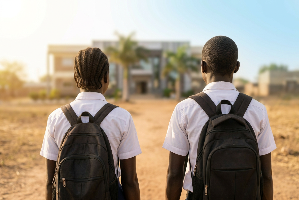 Two South Sudanese secondary school students seen from behind, walking toward their school